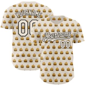 Custom Cream Black 3D Pattern Design Foodie Fast Food Hamburgers Authentic Baseball Jersey