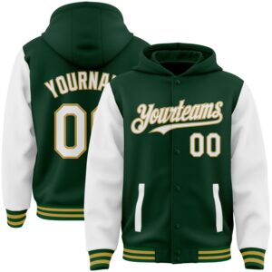 Custom Green White-Old Gold Bomber Full-Snap Varsity Letterman Two Tone Hoodie Jacket