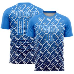 Custom Powder Blue Navy-White Lightning Sports Sublimation Soccer Uniform Jersey