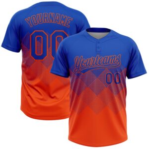 Custom Thunder Blue Orange 3D Gradient Square Shape Two-Button Unisex Softball Jersey