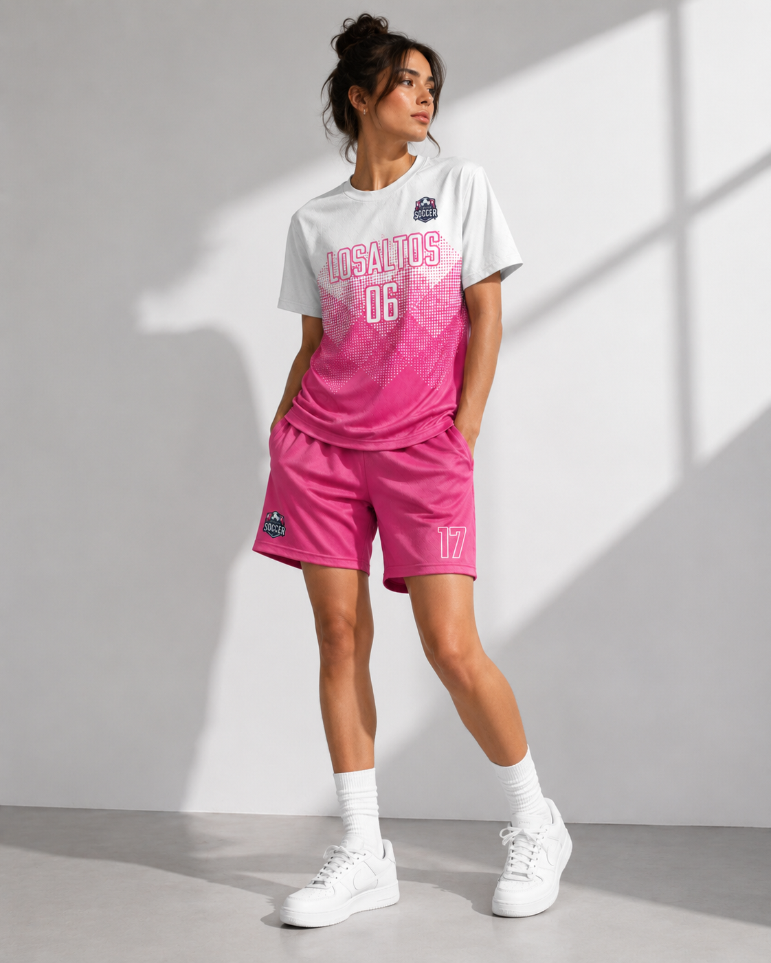Model wearing soccer jersey