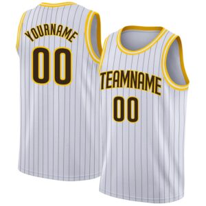 Custom White Brown Pinstripe Brown-Gold Authentic  Basketball Jersey